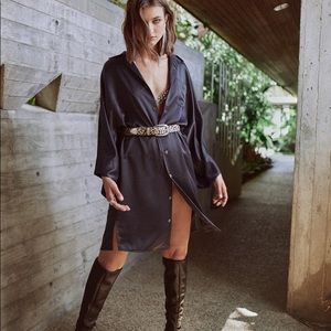 NWT The King Kouture Kimono Sleeve Black Satin Button Down Shirt Dress Medium